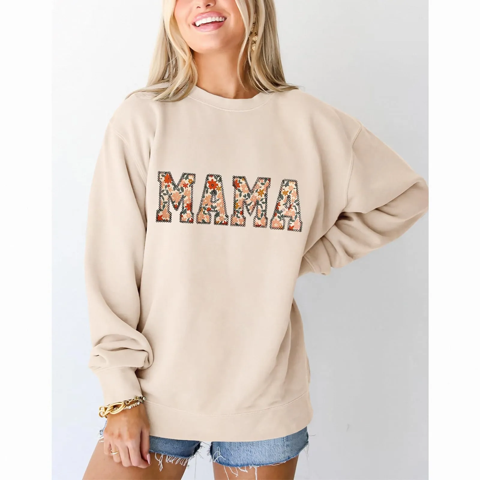 BOUTIKOME Mama Sweatshirt Women Funny Letter Print Mom Life Long Sleeve Crewneck Pullover Shirt Blouse Tops(Apricot-Flower,L)