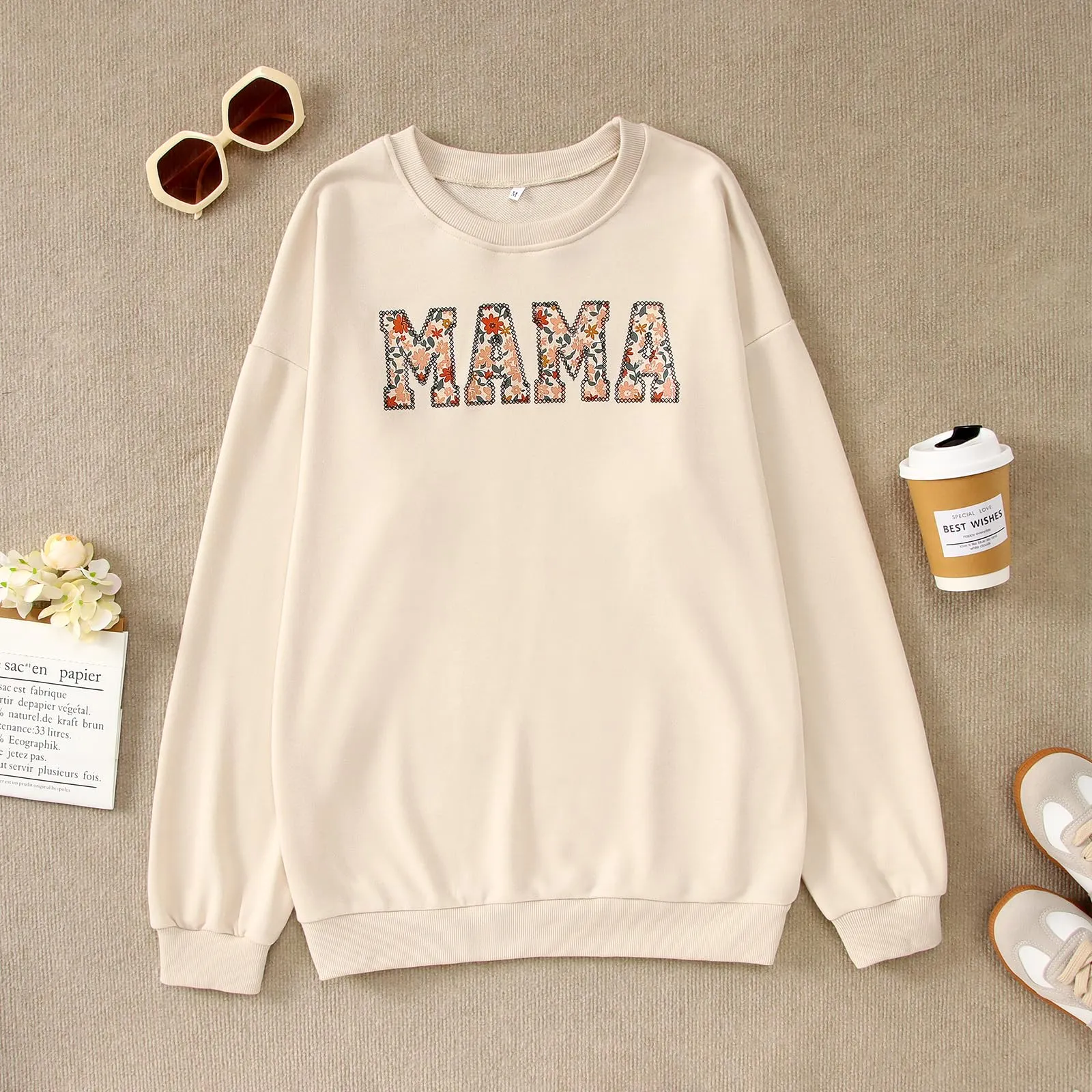 BOUTIKOME Mama Sweatshirt Women Funny Letter Print Mom Life Long Sleeve Crewneck Pullover Shirt Blouse Tops(Apricot-Flower,L)