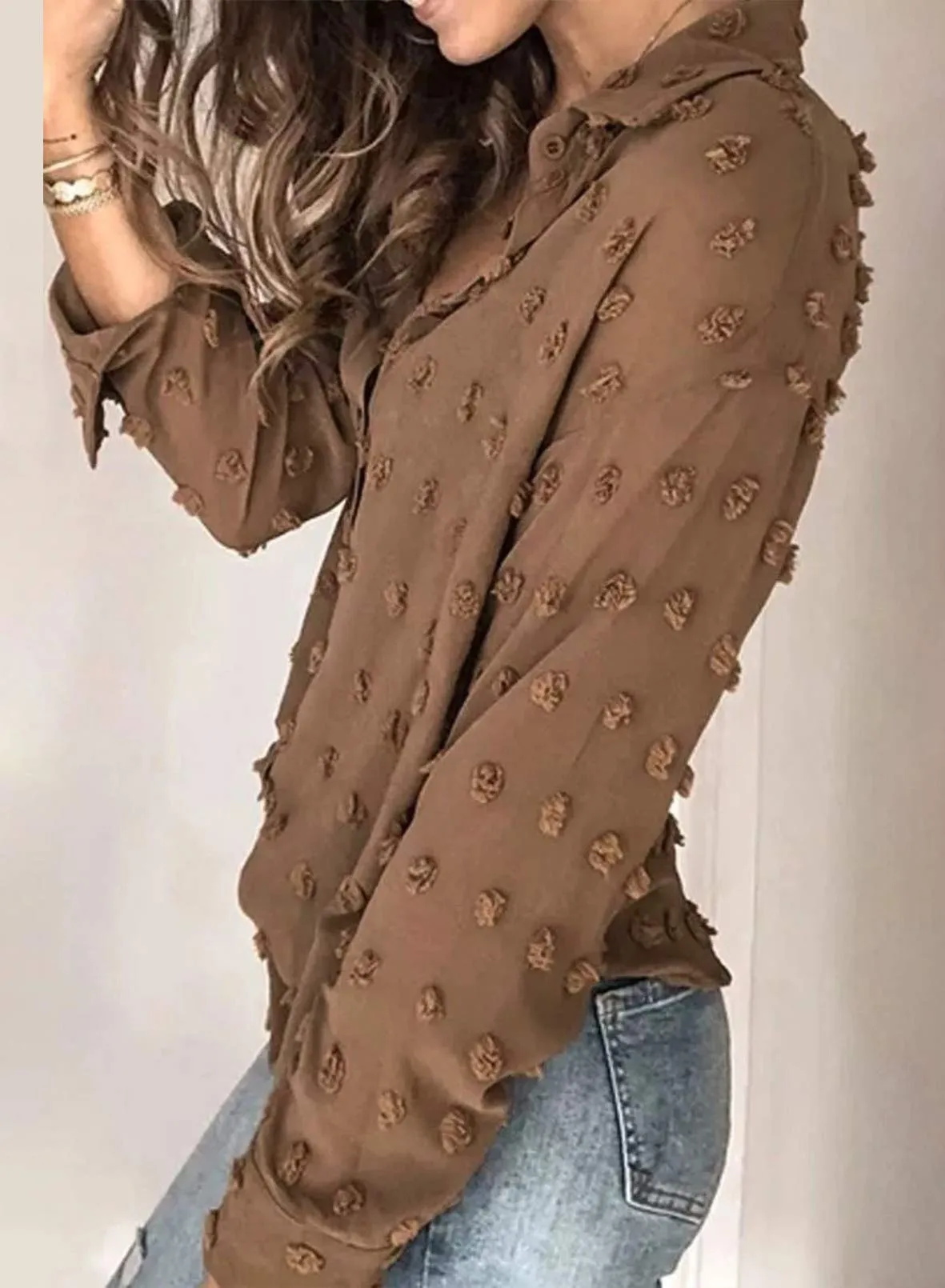 Brown Women Pompom Button Down Shirt Casual Blouse Top - Astylish