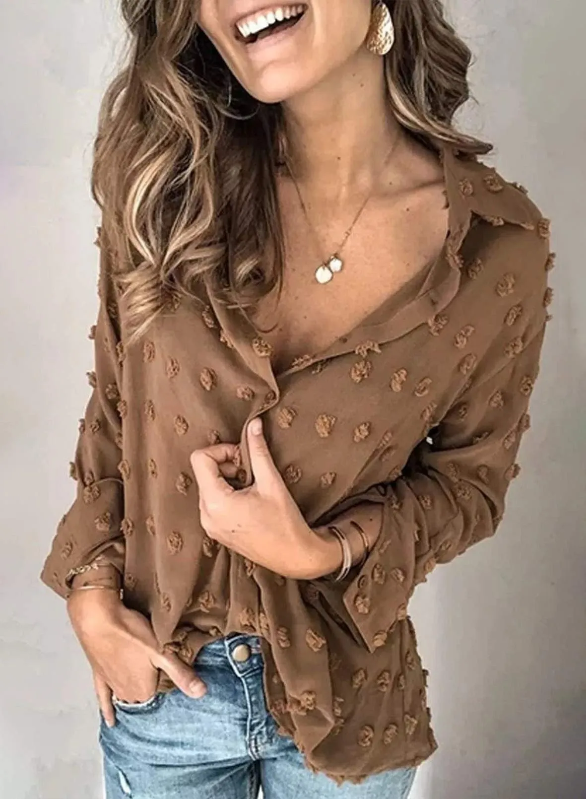 Brown Women Pompom Button Down Shirt Casual Blouse Top - Astylish