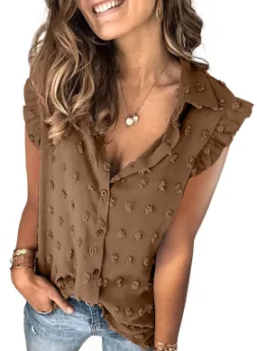 Brown Women Pompom Button Down Shirt Casual Blouse Top - Astylish