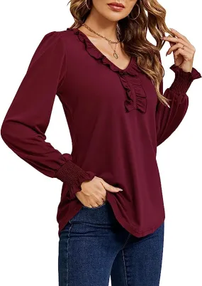 Burgundy Casual V Neck T Shirts Loose Summer Tops Ruffle - Ivicoer