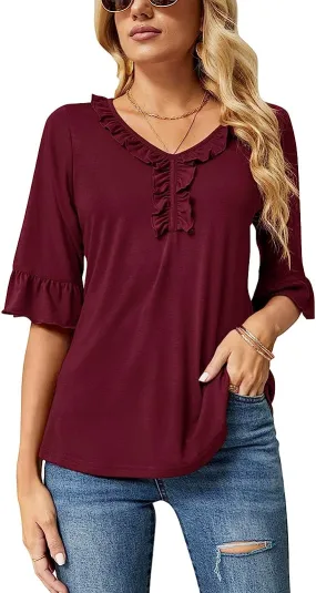 Burgundy Ruffle Blouses Casual V Neck T Shirts Loose Summer Tops Ruffle - Ivicoer