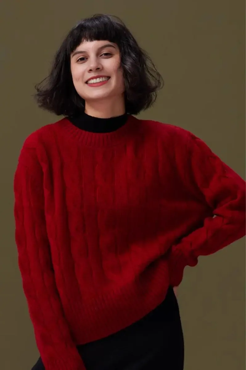 Cable Knit Red Wool Sweater with Ribbed Cuff