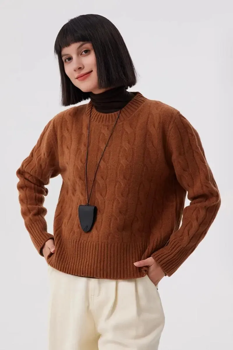 Cable Knit Red Wool Sweater with Ribbed Cuff