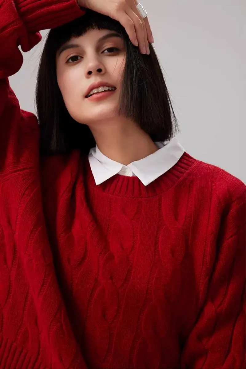 Cable Knit Red Wool Sweater with Ribbed Cuff