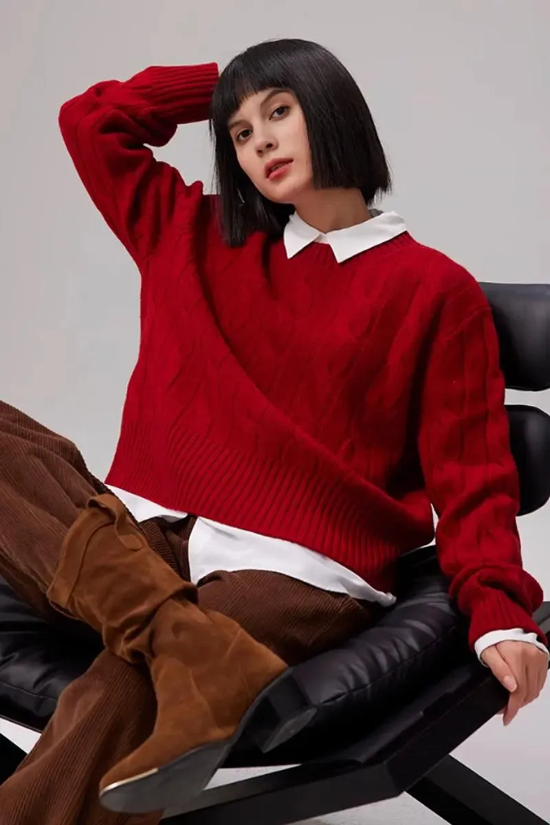 Cable Knit Red Wool Sweater with Ribbed Cuff