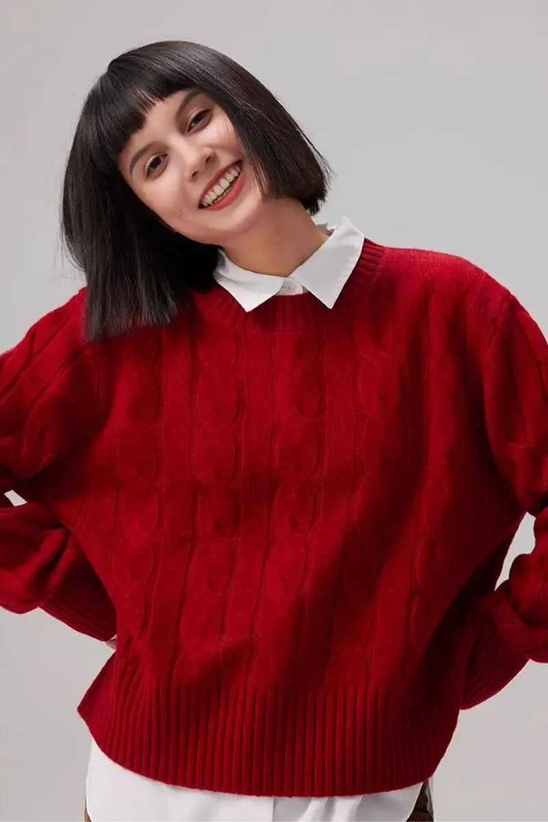 Cable Knit Red Wool Sweater with Ribbed Cuff