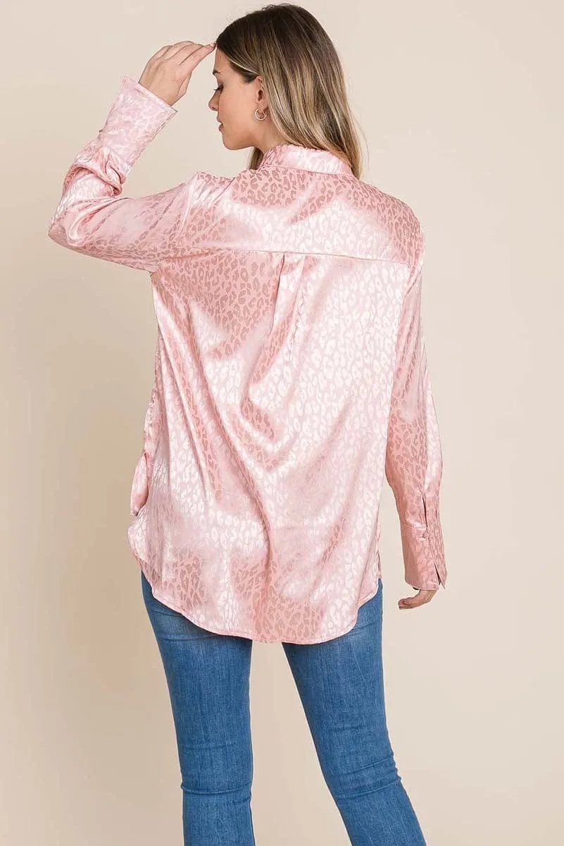 Casual Animal Print Satin Button up Shirts Blouse