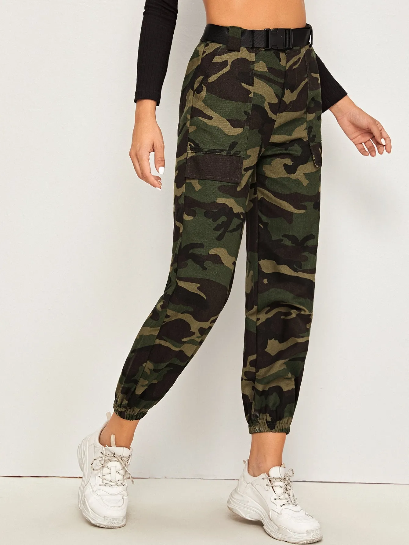 Casual Camo Belted Natural Cropped Women Pants