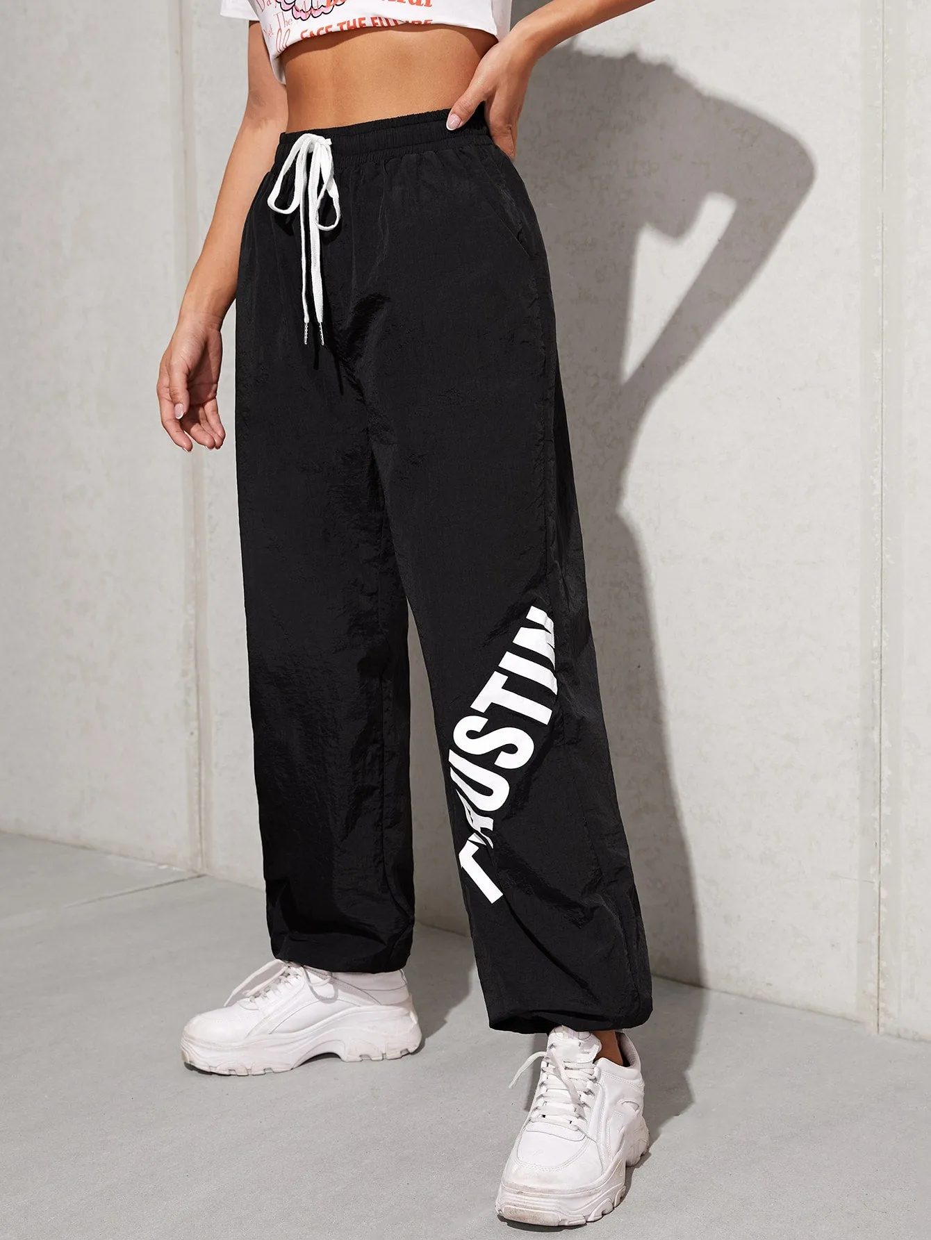 Casual Letter Tie Front High Waist Long Women Pants