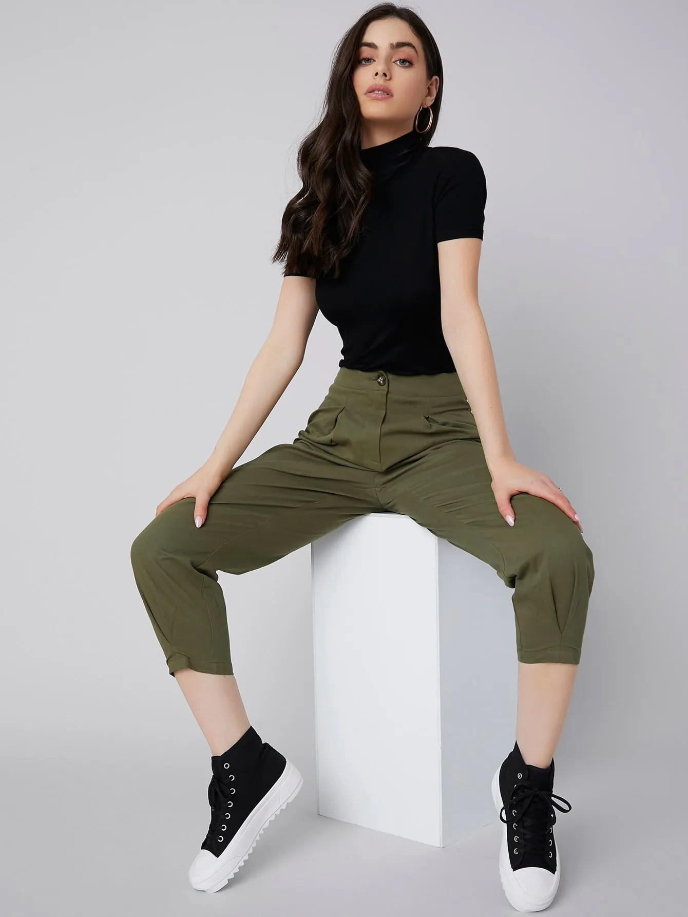 Casual Plain Button Front High Waist Cropped Women Pants