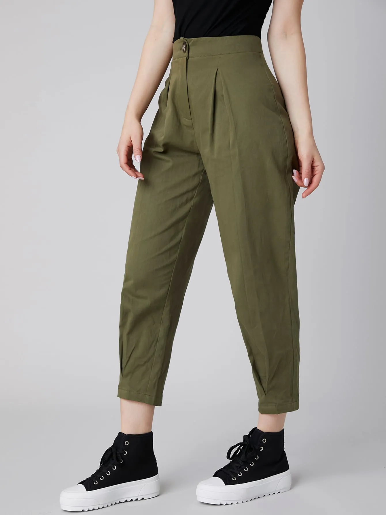 Casual Plain Button Front High Waist Cropped Women Pants