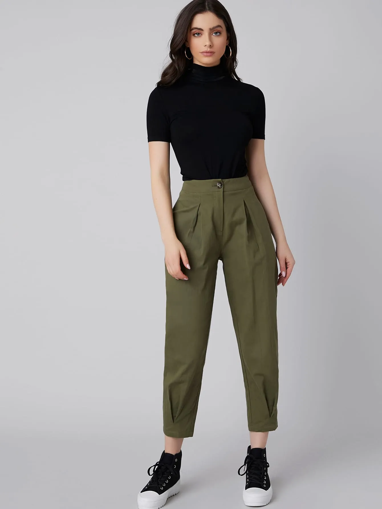 Casual Plain Button Front High Waist Cropped Women Pants