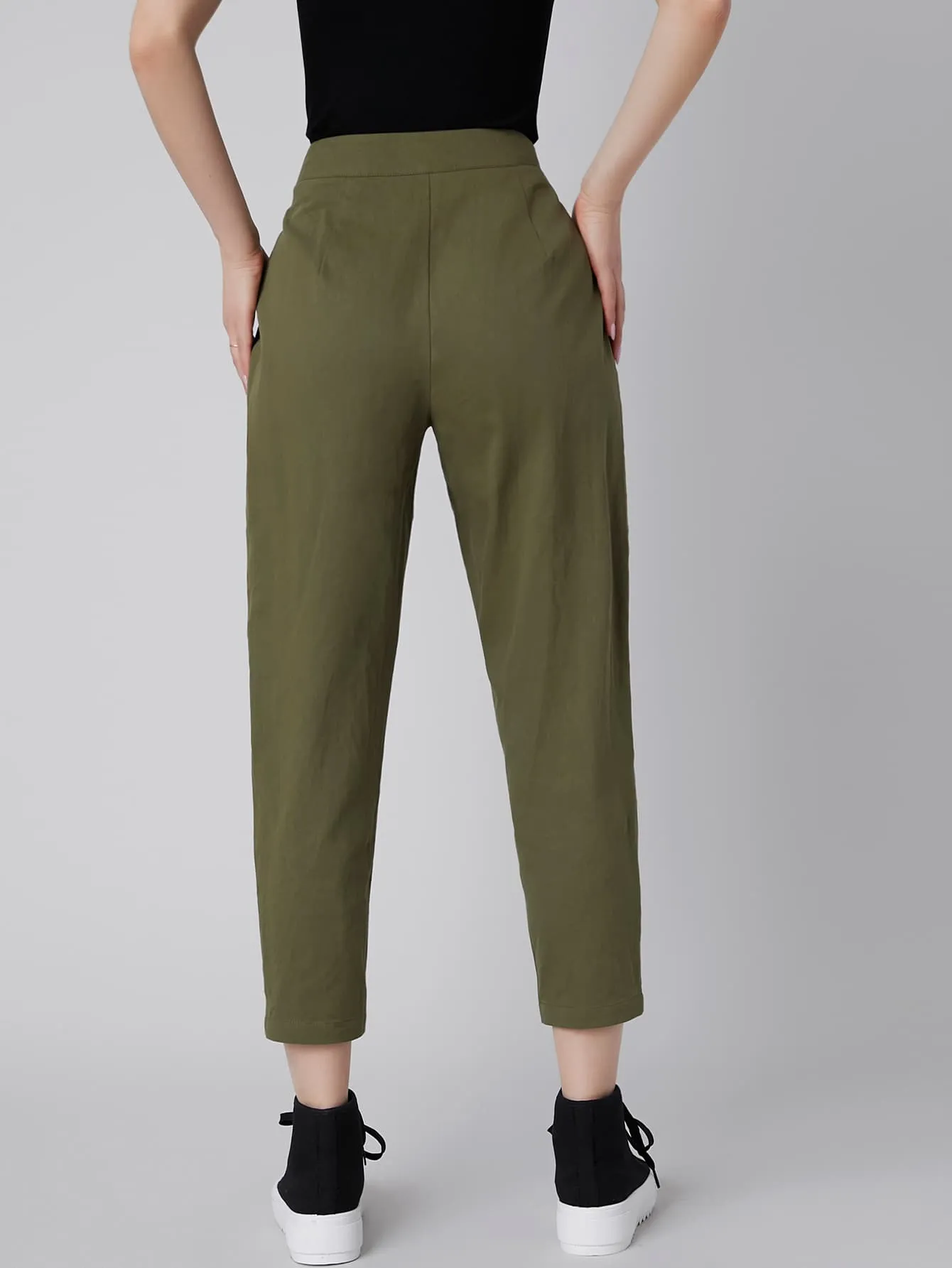 Casual Plain Button Front High Waist Cropped Women Pants