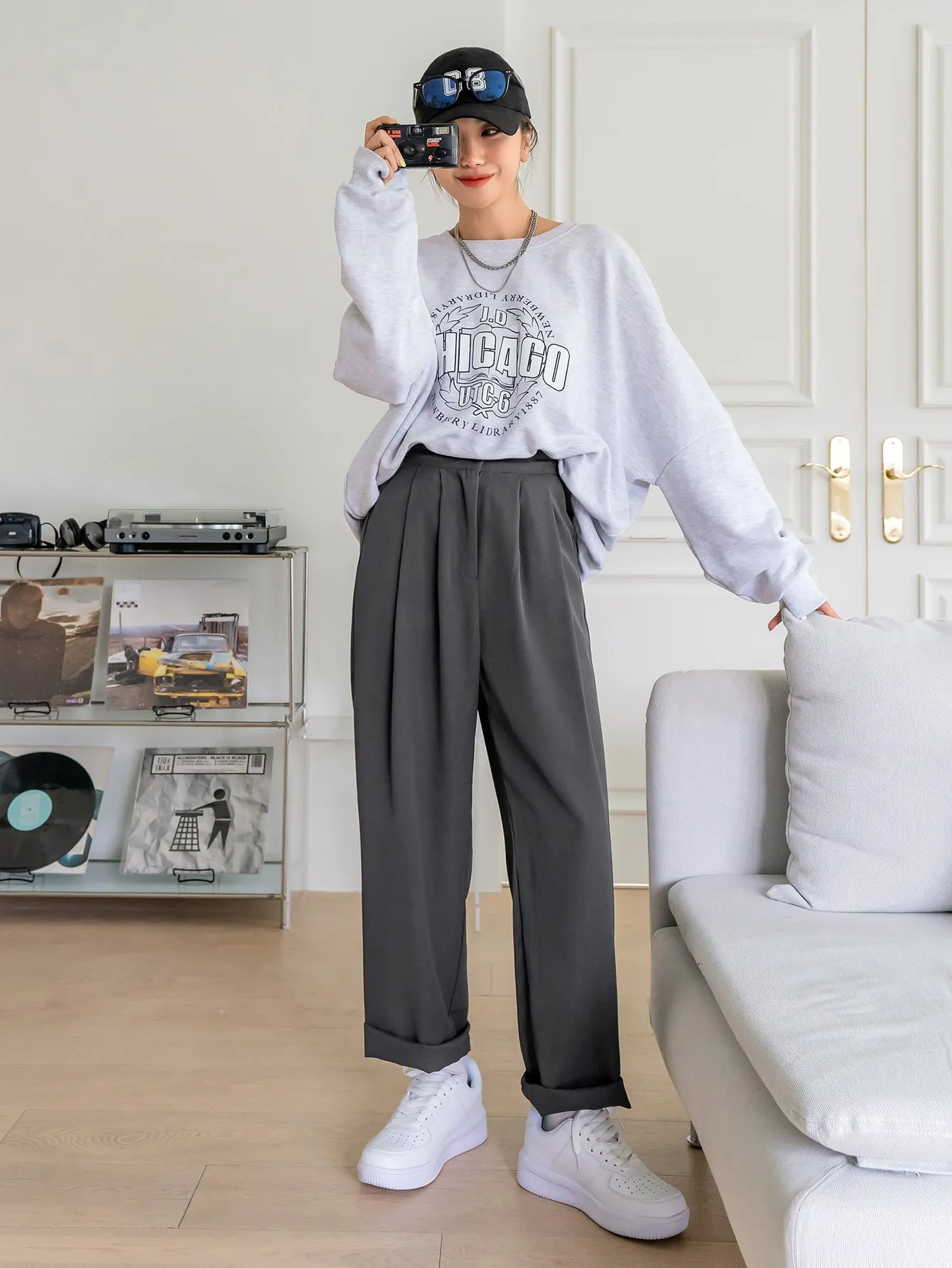 Casual Plain Plicated Natural Long Women Pants