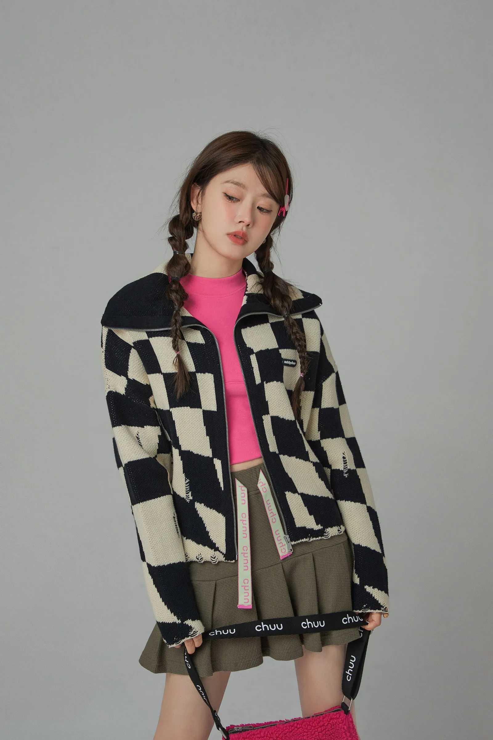 Check Mate Queen Checkerboard Zip-Up Cardigan