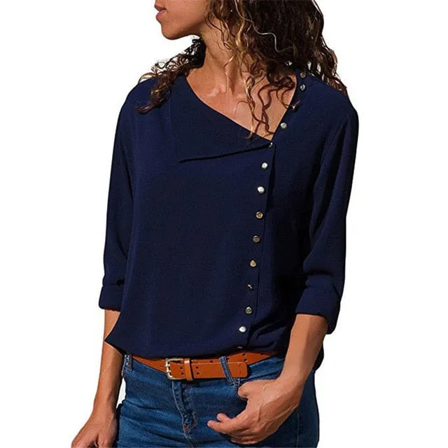 Chiffon Long Sleeve Skew Collar Solid Office Women Blouses And Tops