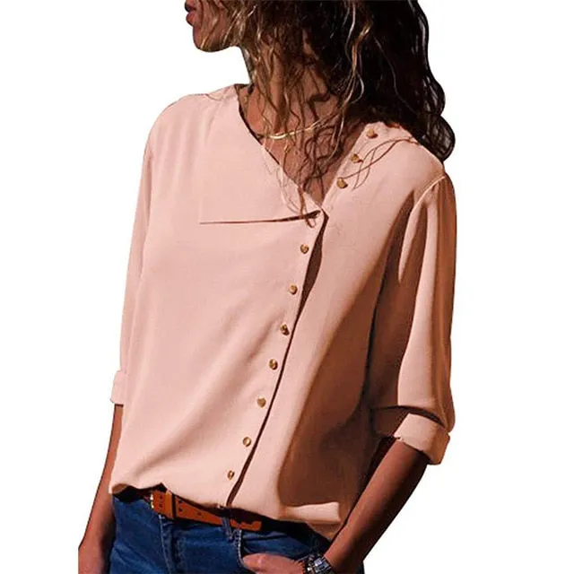 Chiffon Long Sleeve Skew Collar Solid Office Women Blouses And Tops