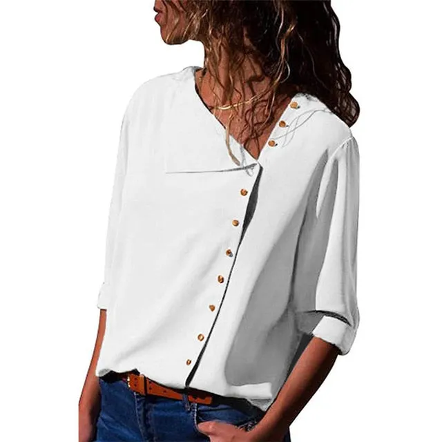 Chiffon Long Sleeve Skew Collar Solid Office Women Blouses And Tops