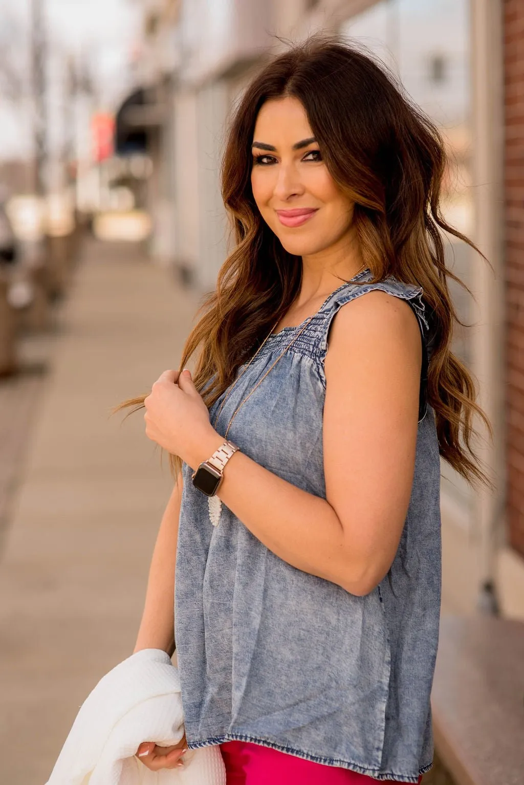 Cinched Ruffle Trim Denim Tank