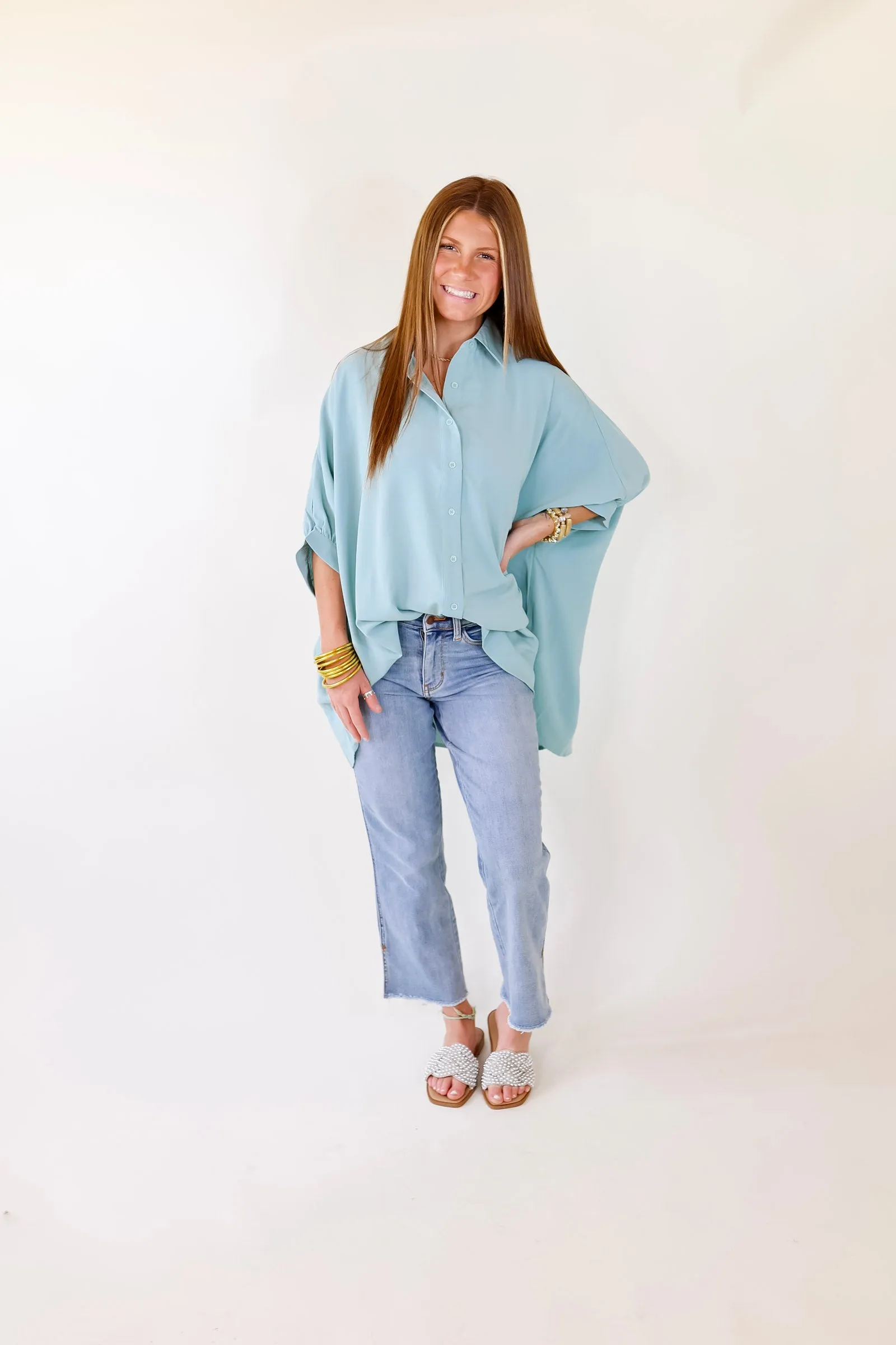 City Lifestyle Button Up Half Sleeve Poncho Top in Seafoam Blue