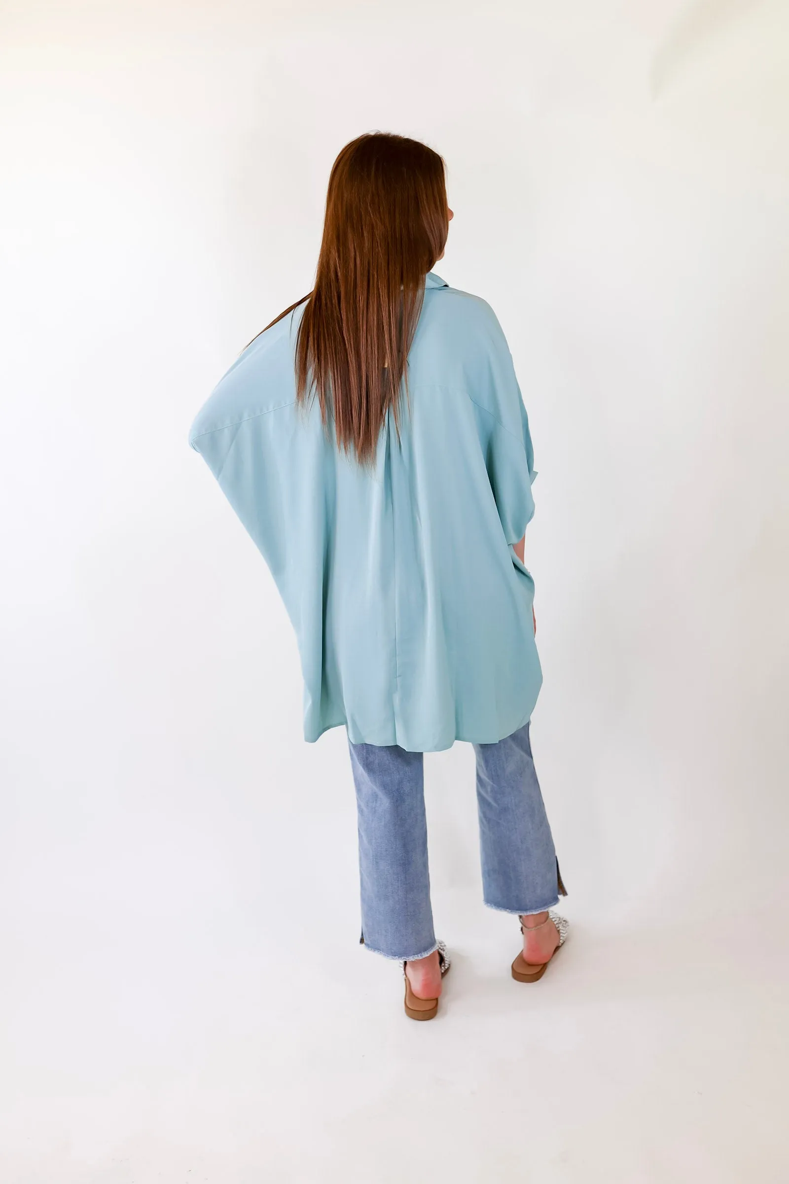 City Lifestyle Button Up Half Sleeve Poncho Top in Seafoam Blue