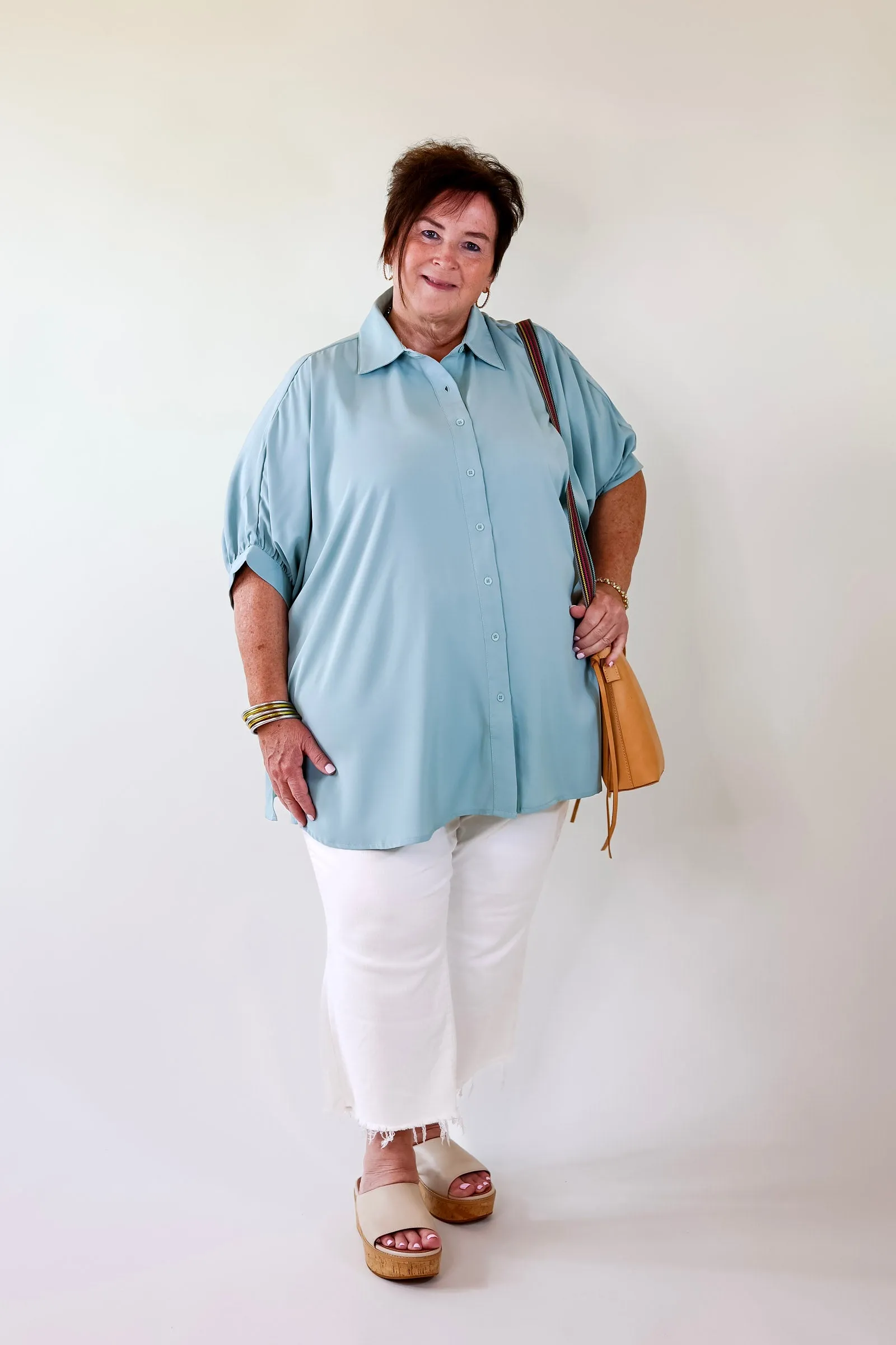 City Lifestyle Button Up Half Sleeve Poncho Top in Seafoam Blue