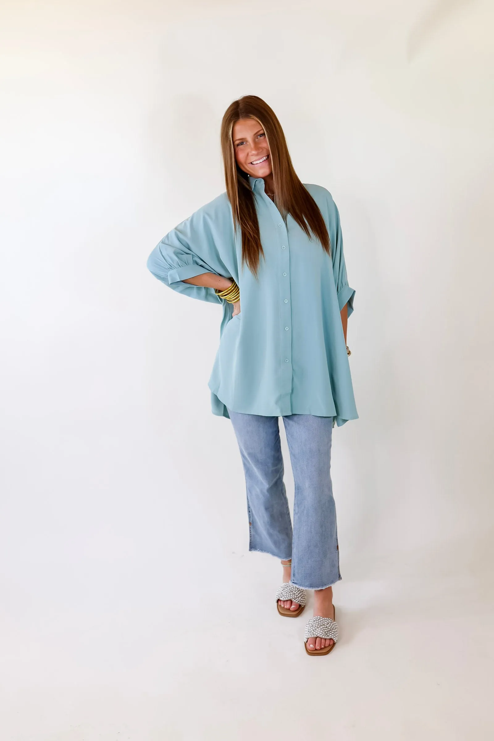 City Lifestyle Button Up Half Sleeve Poncho Top in Seafoam Blue