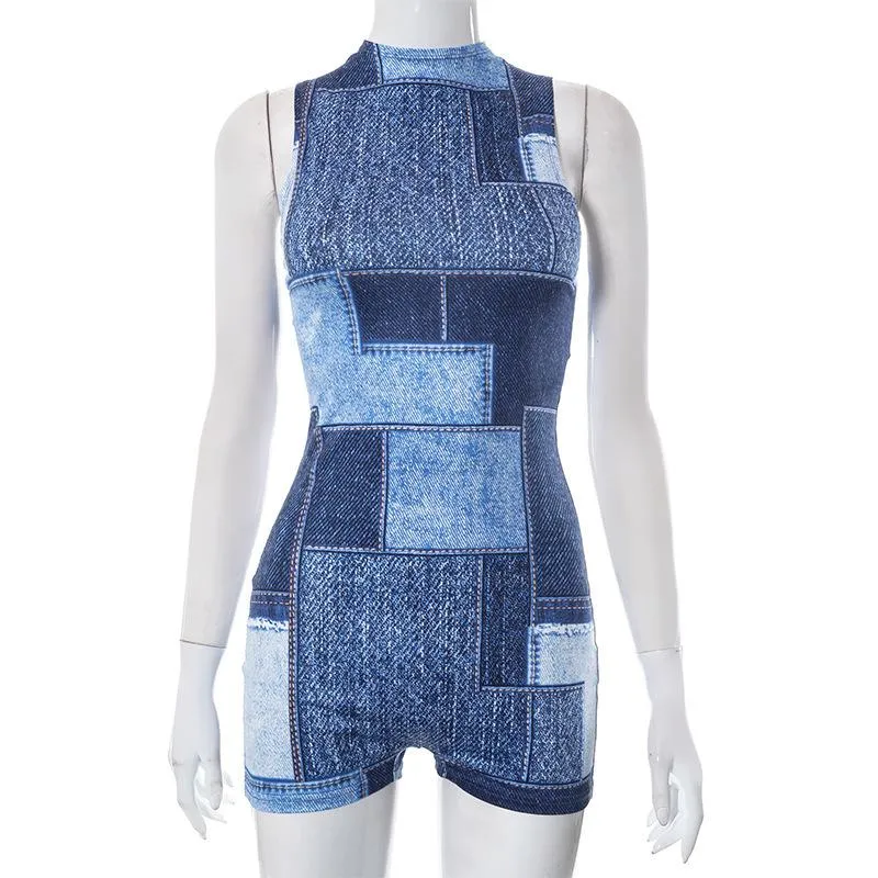 Contrast sleeveless denim print high neck romper grunge 90s Streetwear Distressed Fashion