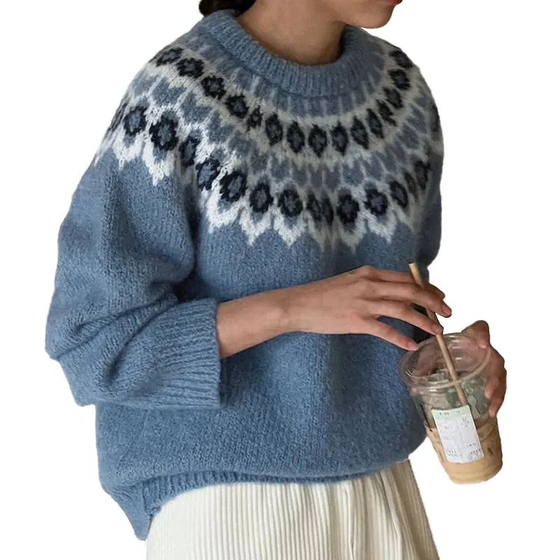 Crew Neck Fair Isle Knit Sweater