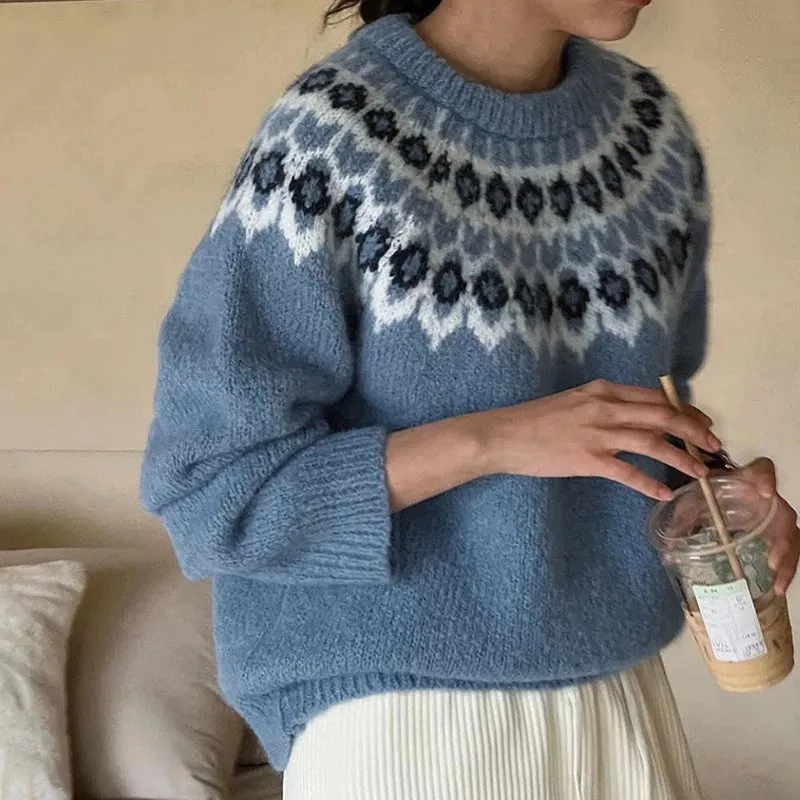 Crew Neck Fair Isle Knit Sweater