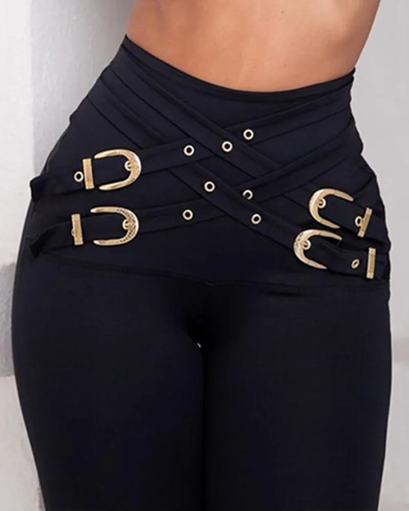 Criss Cross Buckled Decor High Waist Skinny Pants