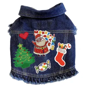 Custom Christmas Denim Dog Jacket With Ruffles Happy Santa