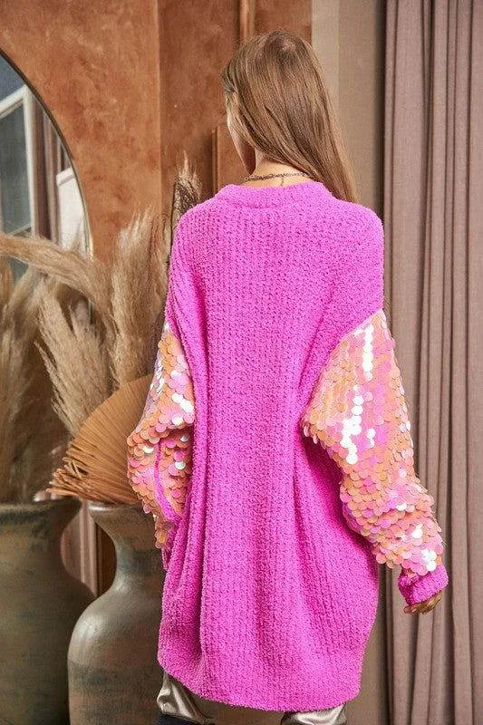 Davi & Dani Sequin Sleeve Sweater Knit Tunic Top