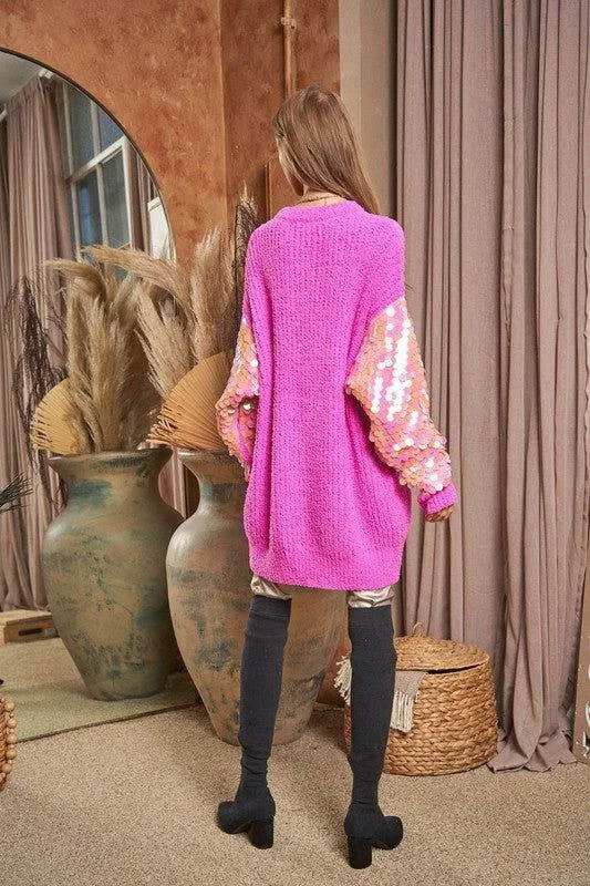 Davi & Dani Sequin Sleeve Sweater Knit Tunic Top