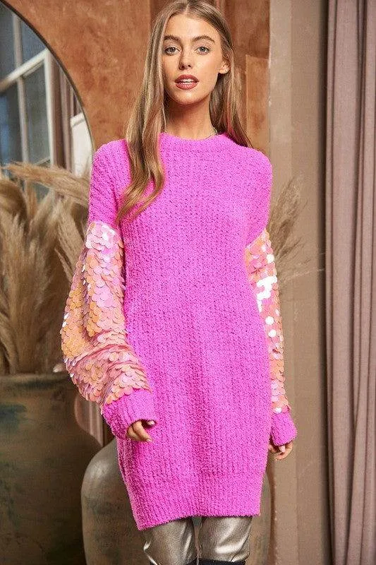 Davi & Dani Sequin Sleeve Sweater Knit Tunic Top