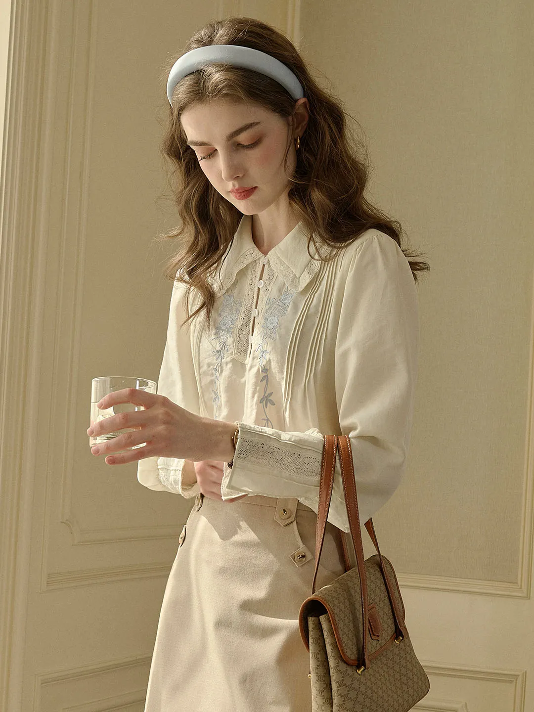 Delaney Rose Embroidered Lace Patchwork Lapel Blouse