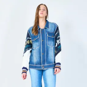 Denim jacket with embroidered sleeve details wholesale