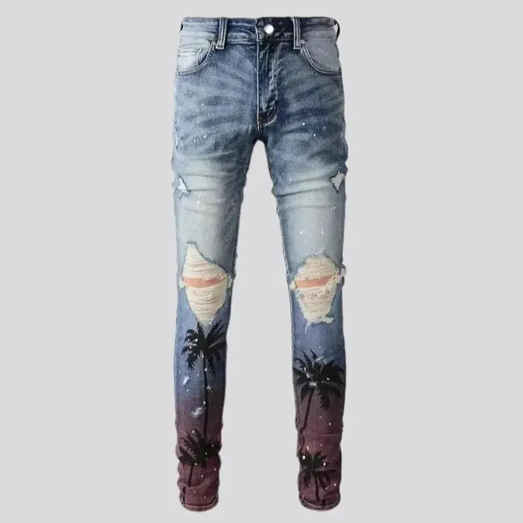 Distressed men's palms-print jeans