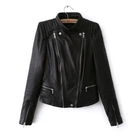 Double Zipper Stand Collar PU Crop Slim Jacket