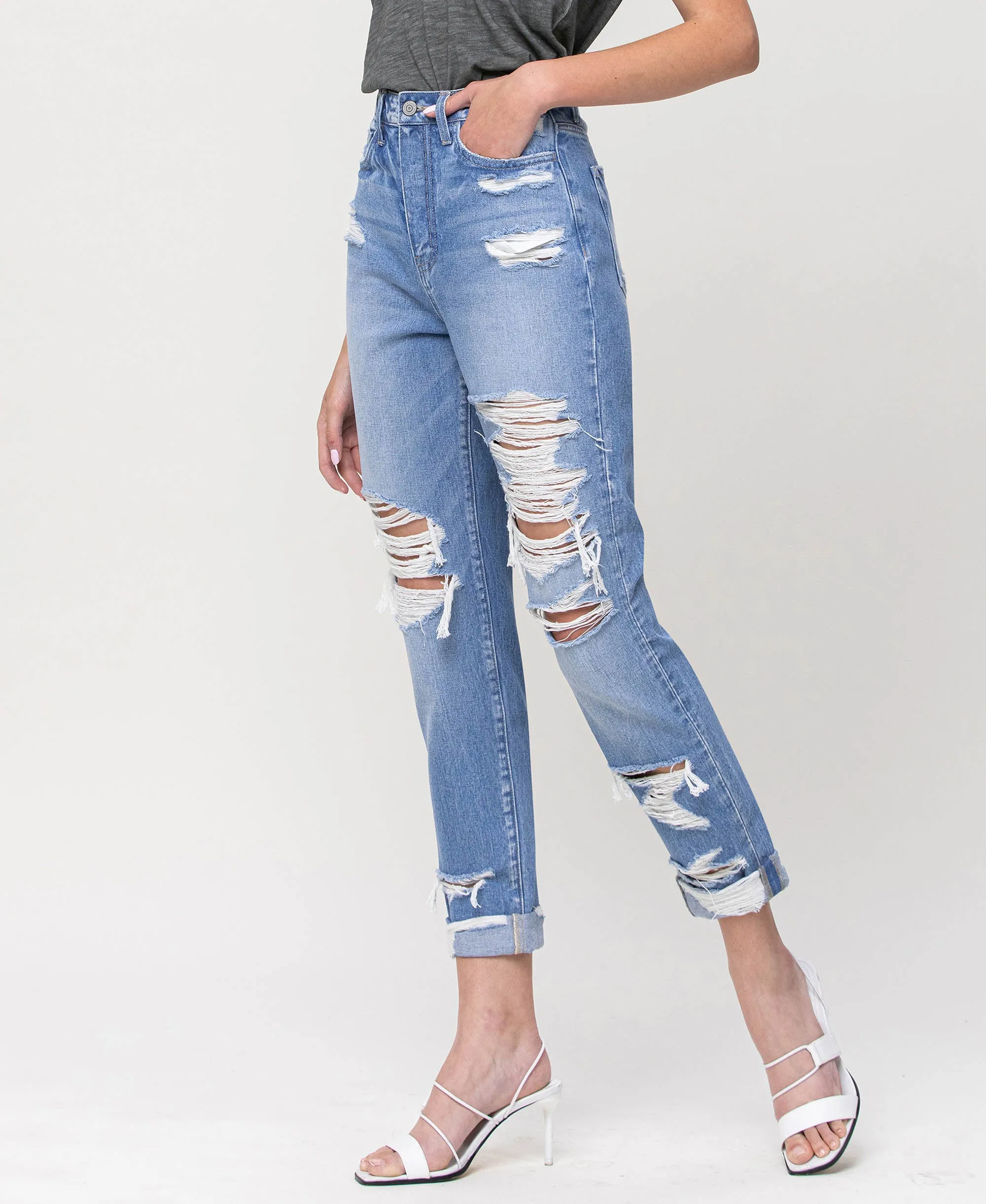 Elastic Blue - Super High Rise Rigid Cuffed Mom Jeans