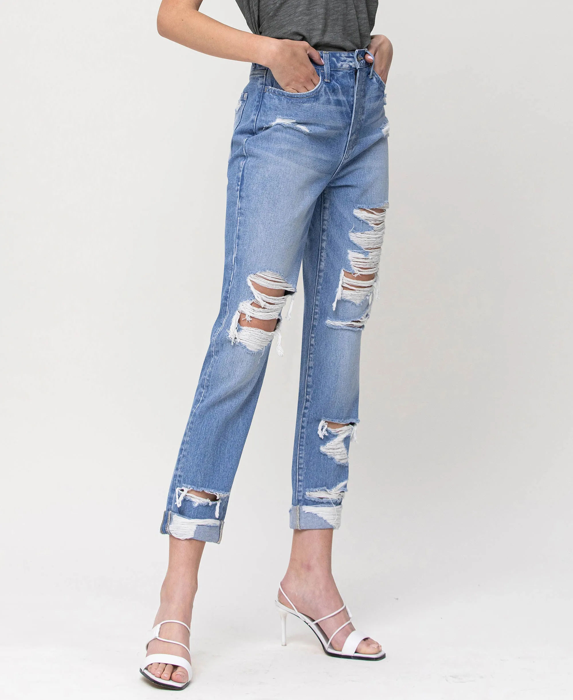 Elastic Blue - Super High Rise Rigid Cuffed Mom Jeans