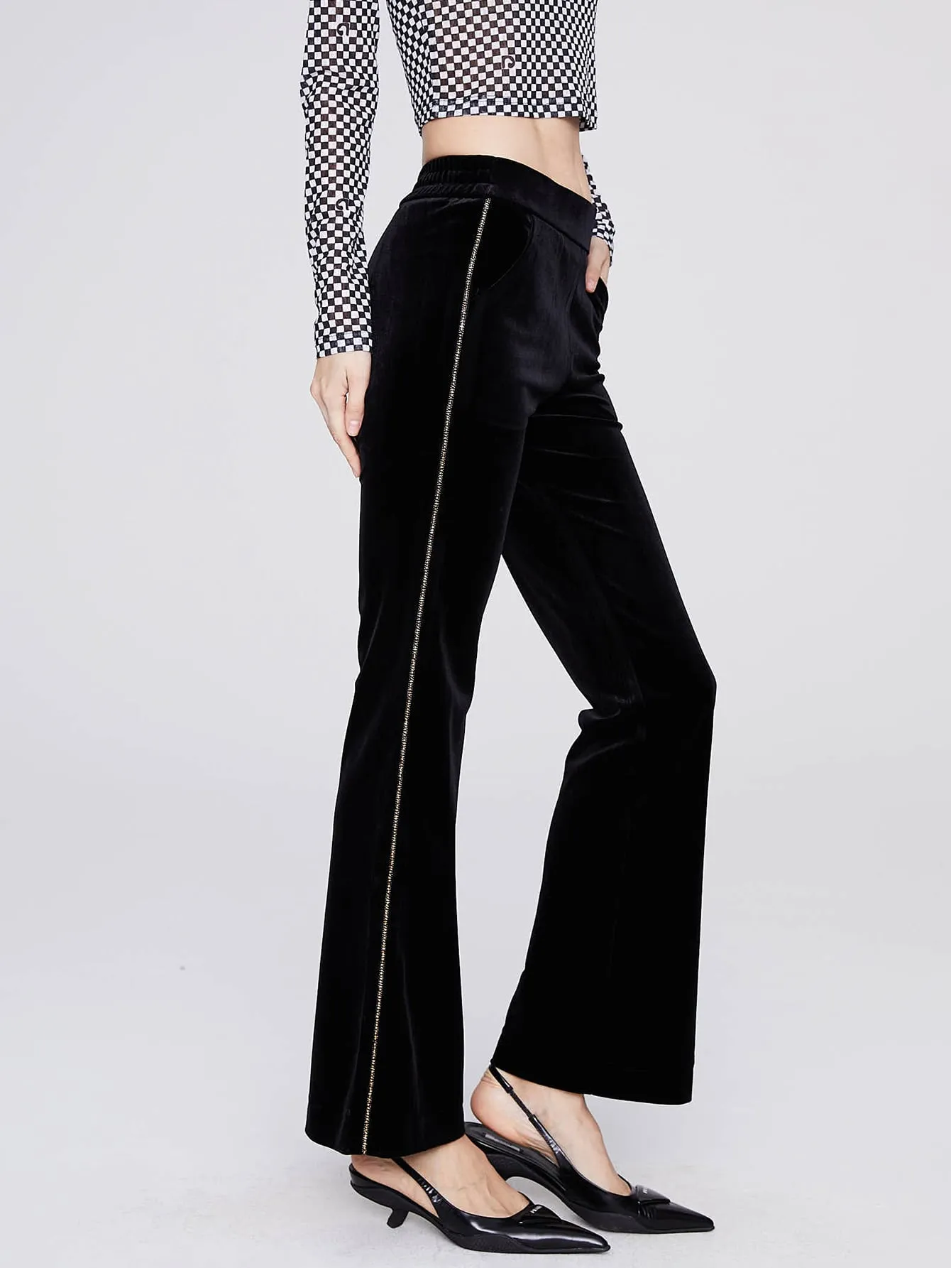 Elegant Contrast Binding Natural Long Women Pants