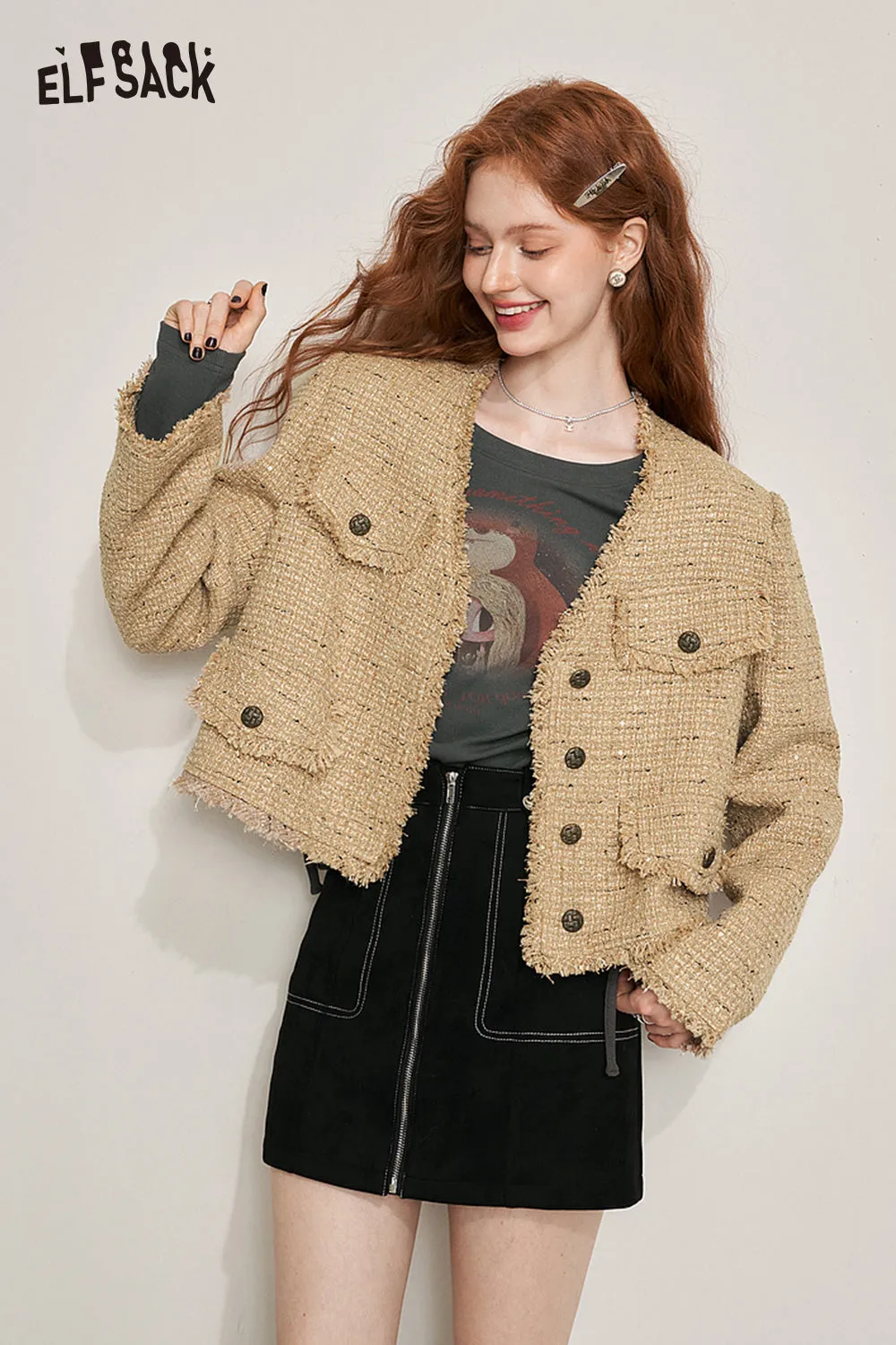 ELFSACK French-Style Tweed Jacket with Vintage Elegance