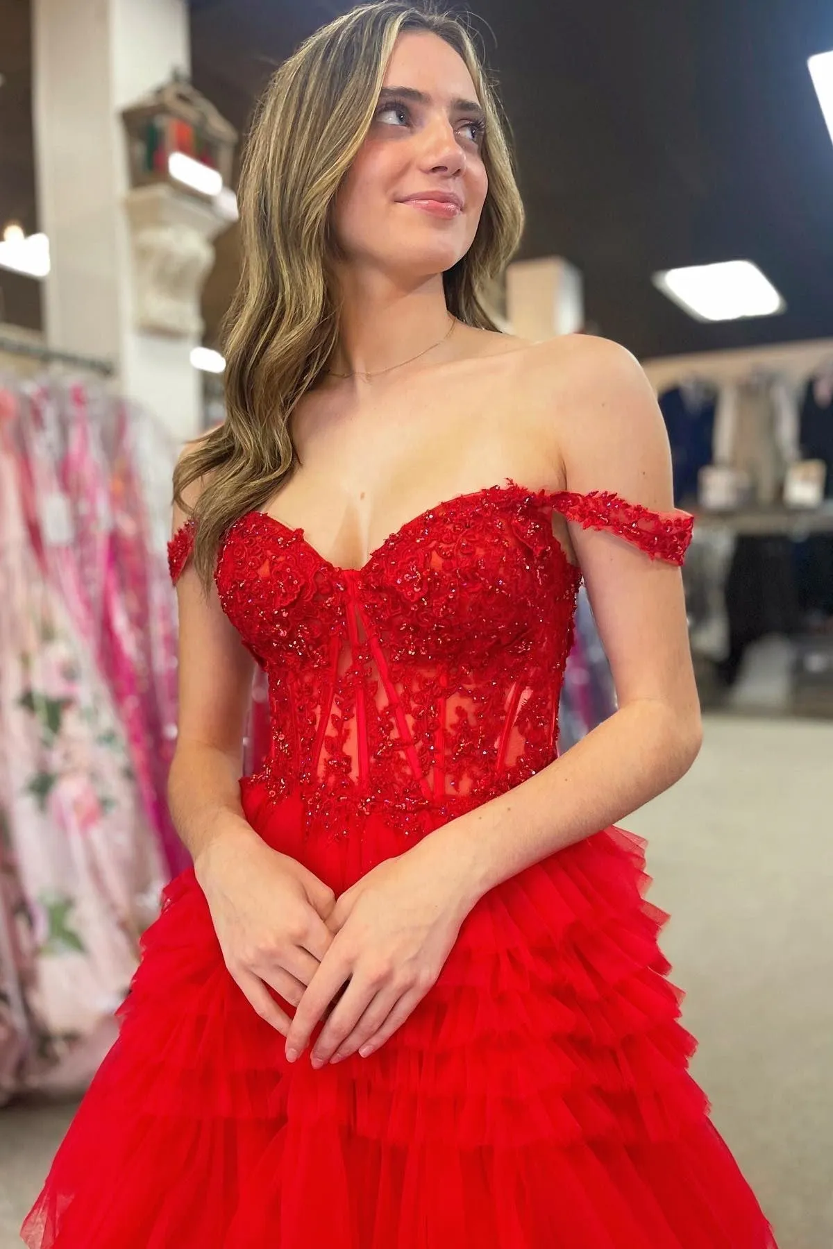 Elina | Red Tulle Off-the-Shoulder Ruffle Tiered Long Prom Dress