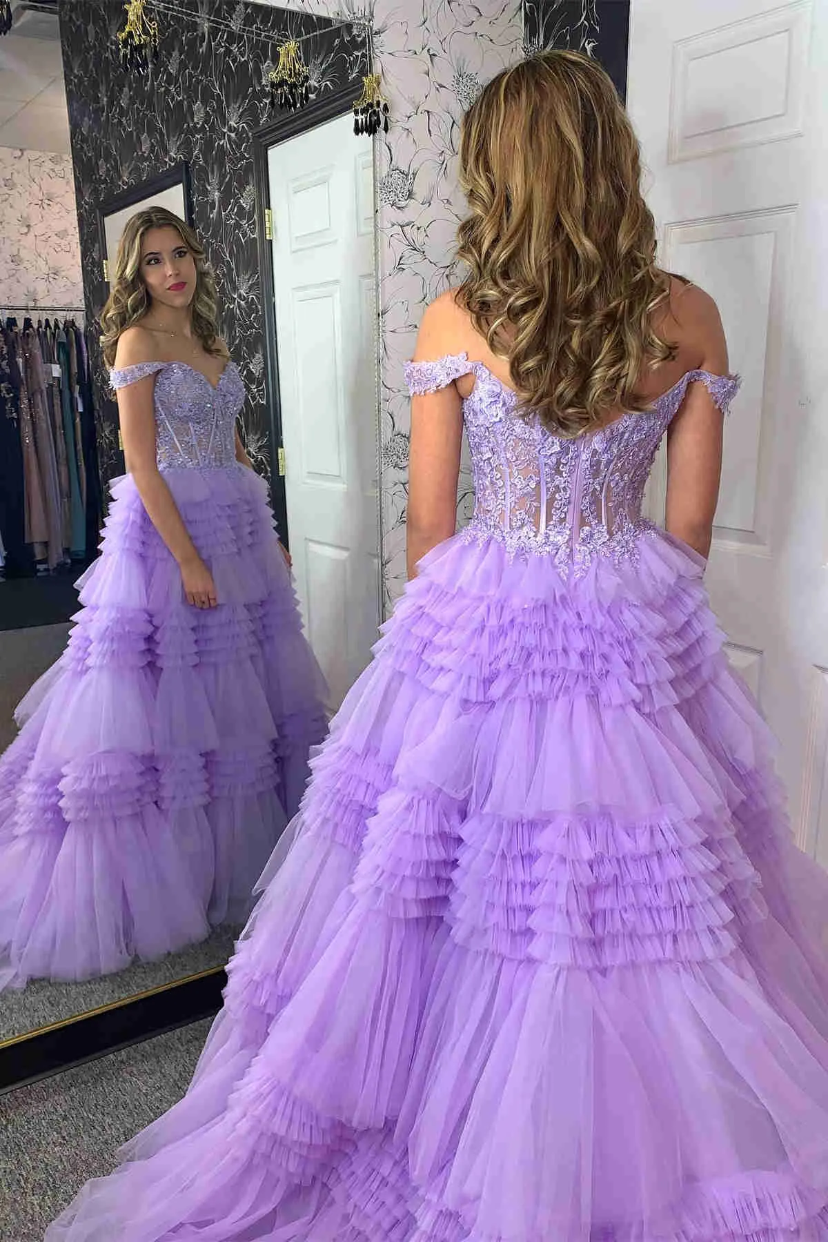 Elina | Red Tulle Off-the-Shoulder Ruffle Tiered Long Prom Dress