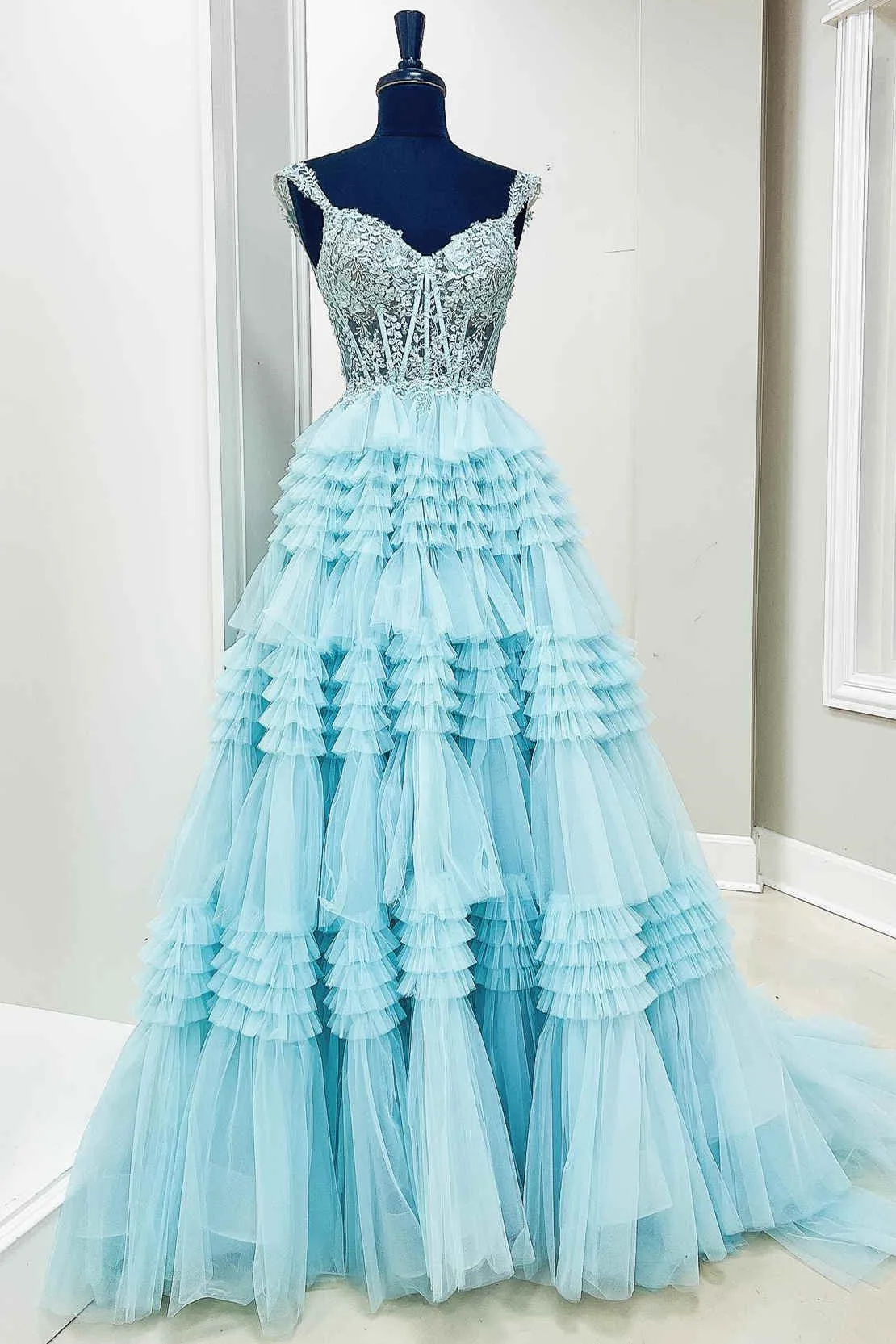 Elina | Red Tulle Off-the-Shoulder Ruffle Tiered Long Prom Dress