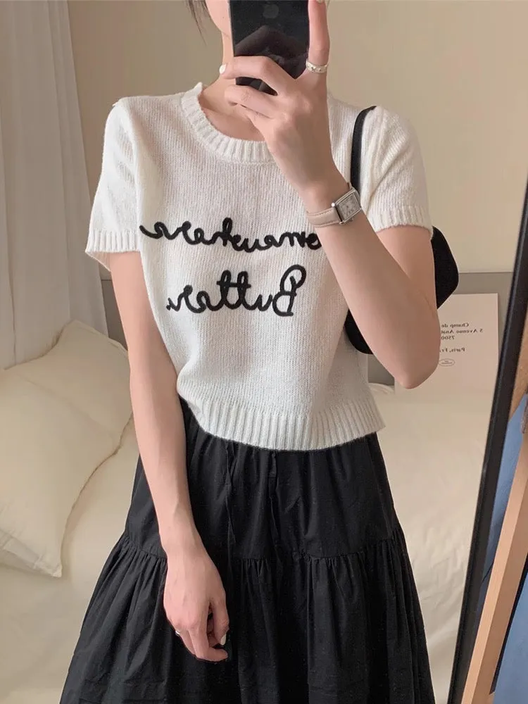 Embroidered Letter Print Knitting T-Shirt