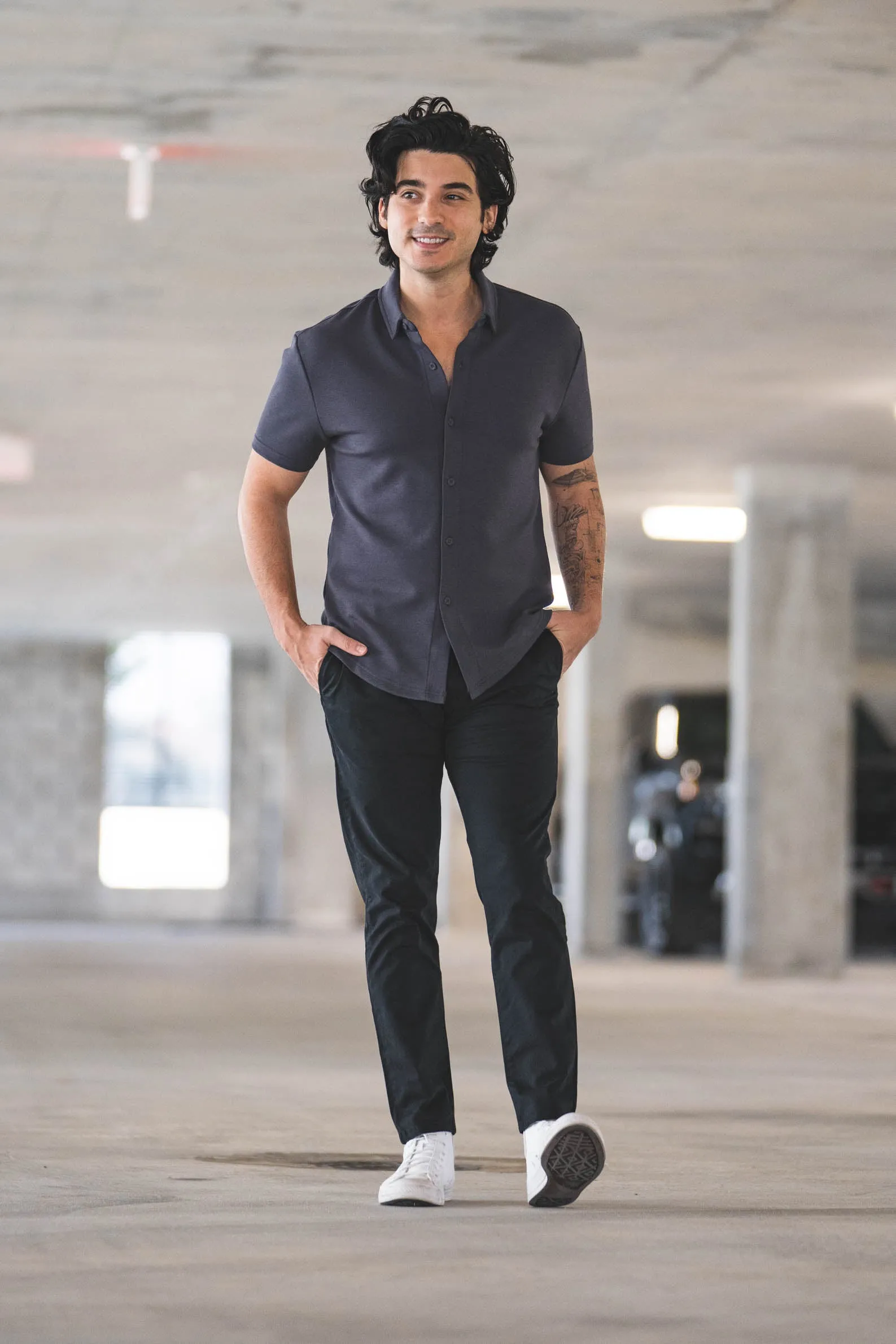 Flex Short Sleeve Button Down Shirt Charcoal